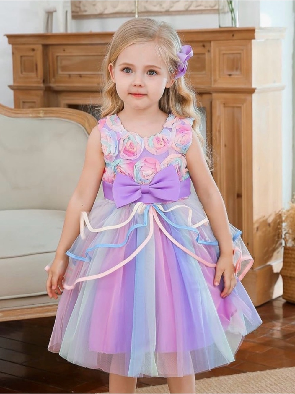 Rainbow little girls Pastel Multicolor Tulle Party Dress with Lavender Bow 5 6
